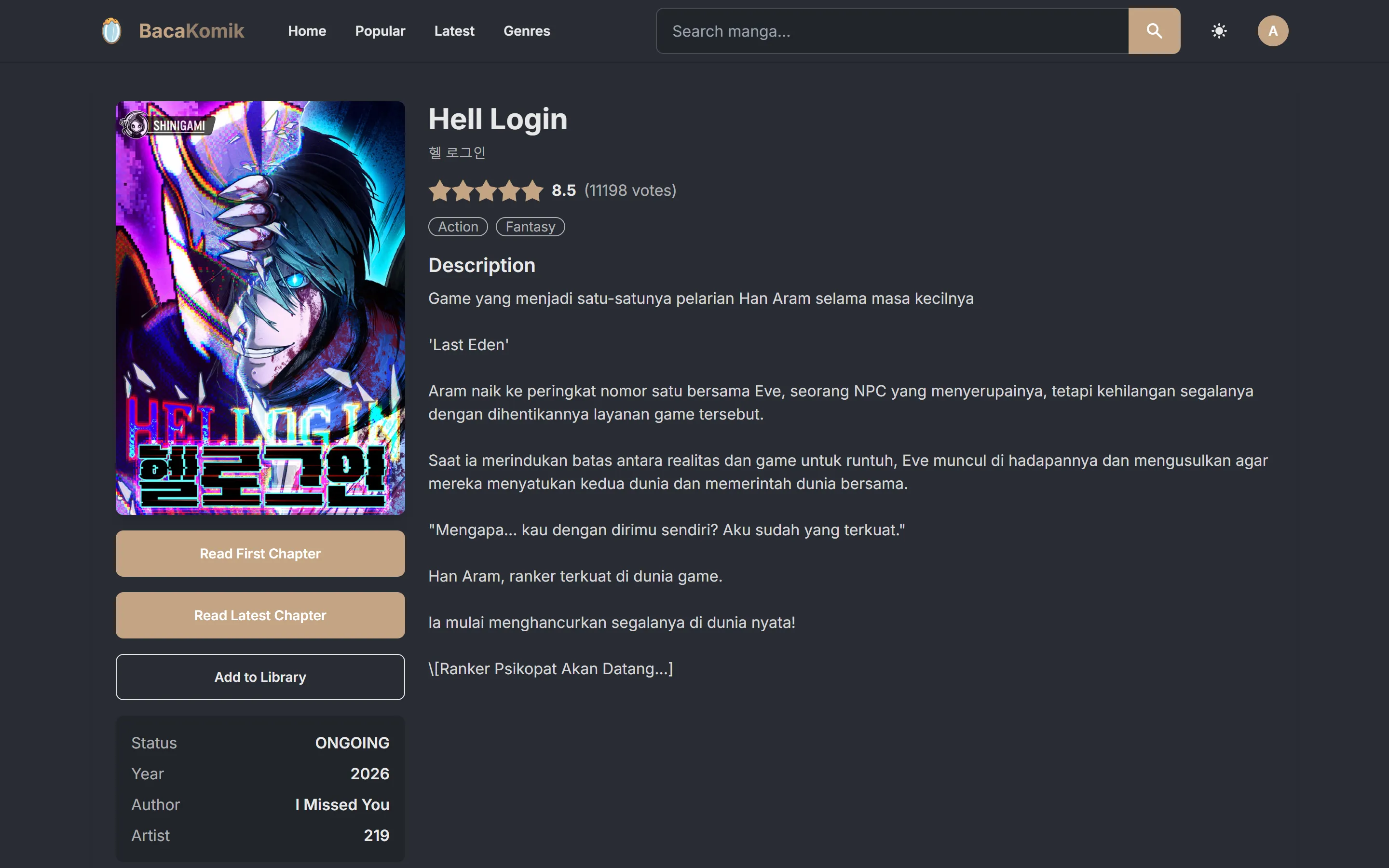 Baca Komik title page for Hell Login, with its rating, genres, synopsis, and buttons to read the first or latest chapter
