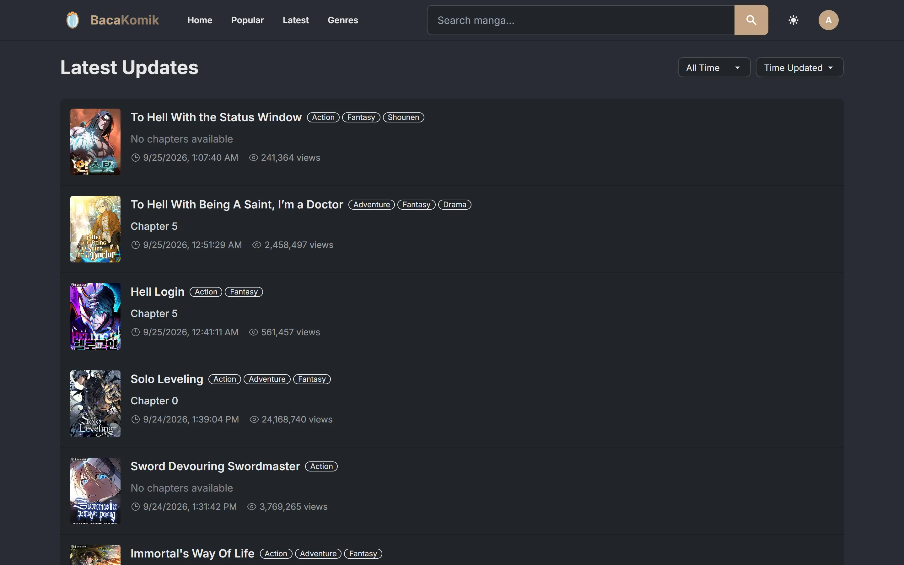 Baca Komik Latest Updates page listing recently updated titles with their genres, newest chapter, update time, and views