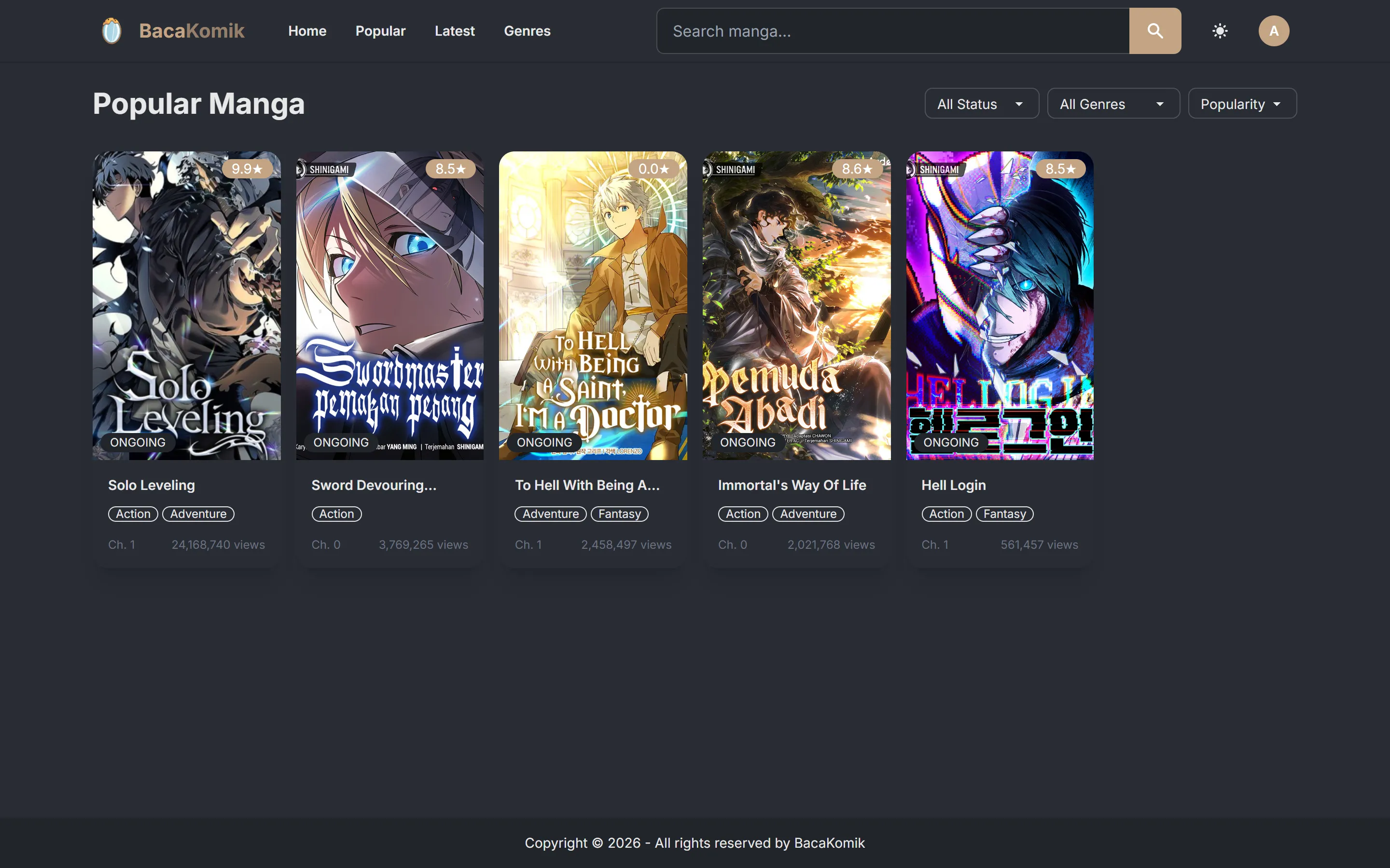 Baca Komik Popular Manga page with status, genre, and popularity filters above a grid of covers showing ratings and view counts